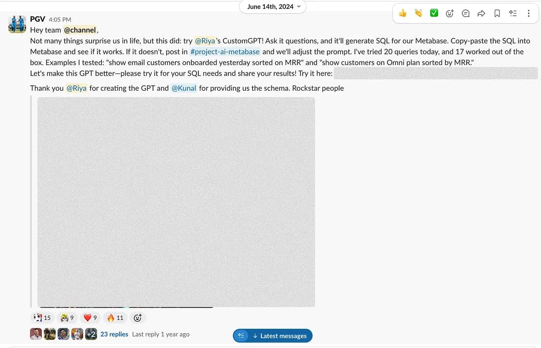 Archived team discussion of the Custom SQL GPT query experiment