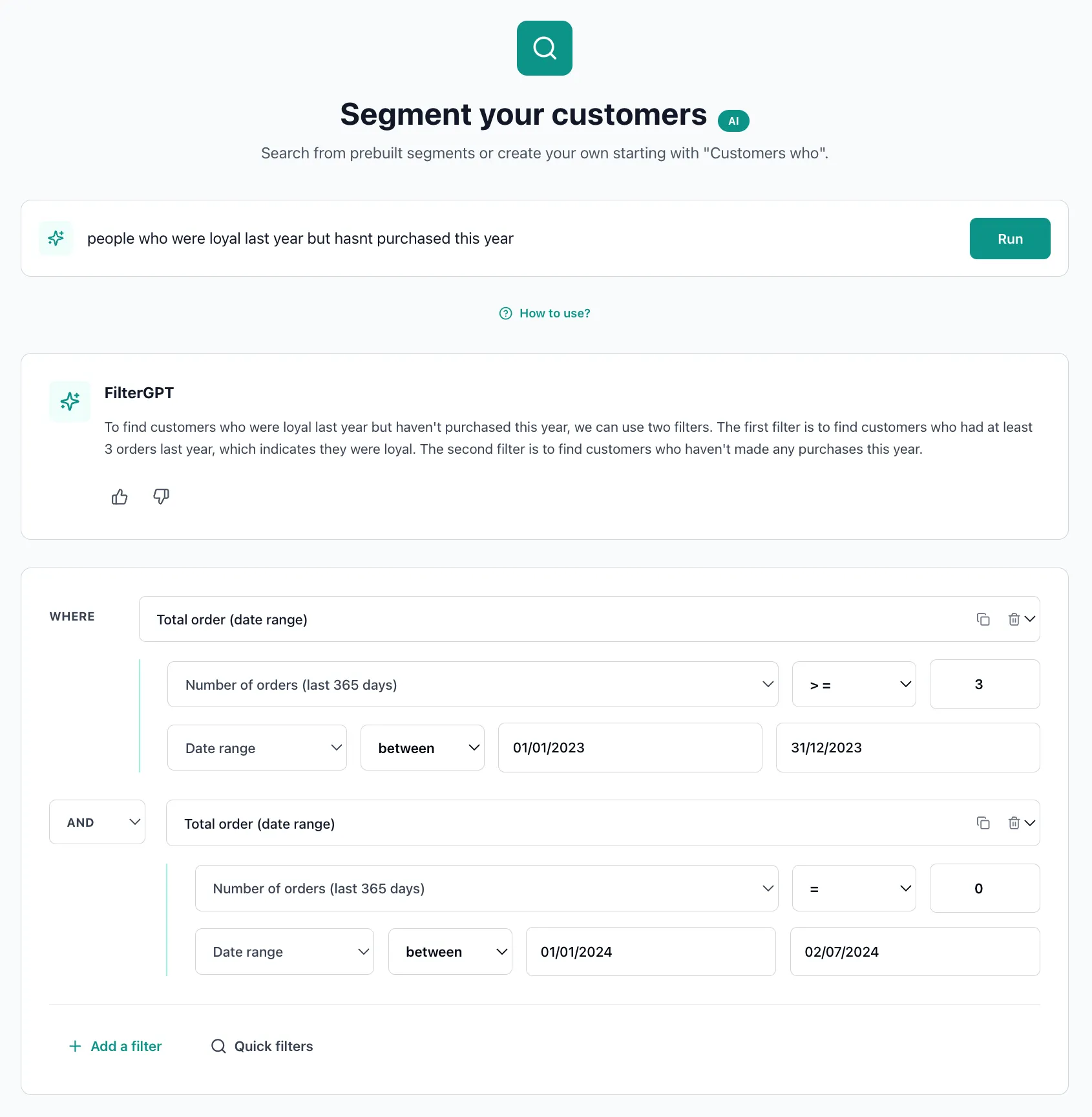 Archived FilterGPT concept: a plain-language audience request, AI explanation, and editable order-history filters