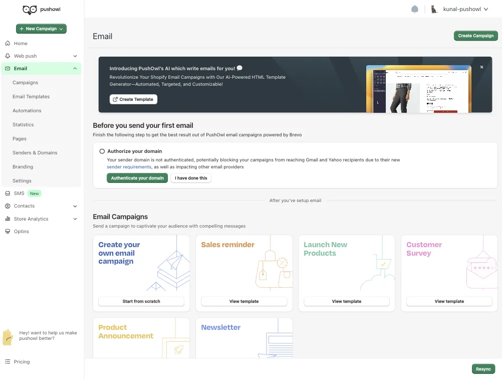 PushOwl email dashboard with an AI template entry point and campaign templates