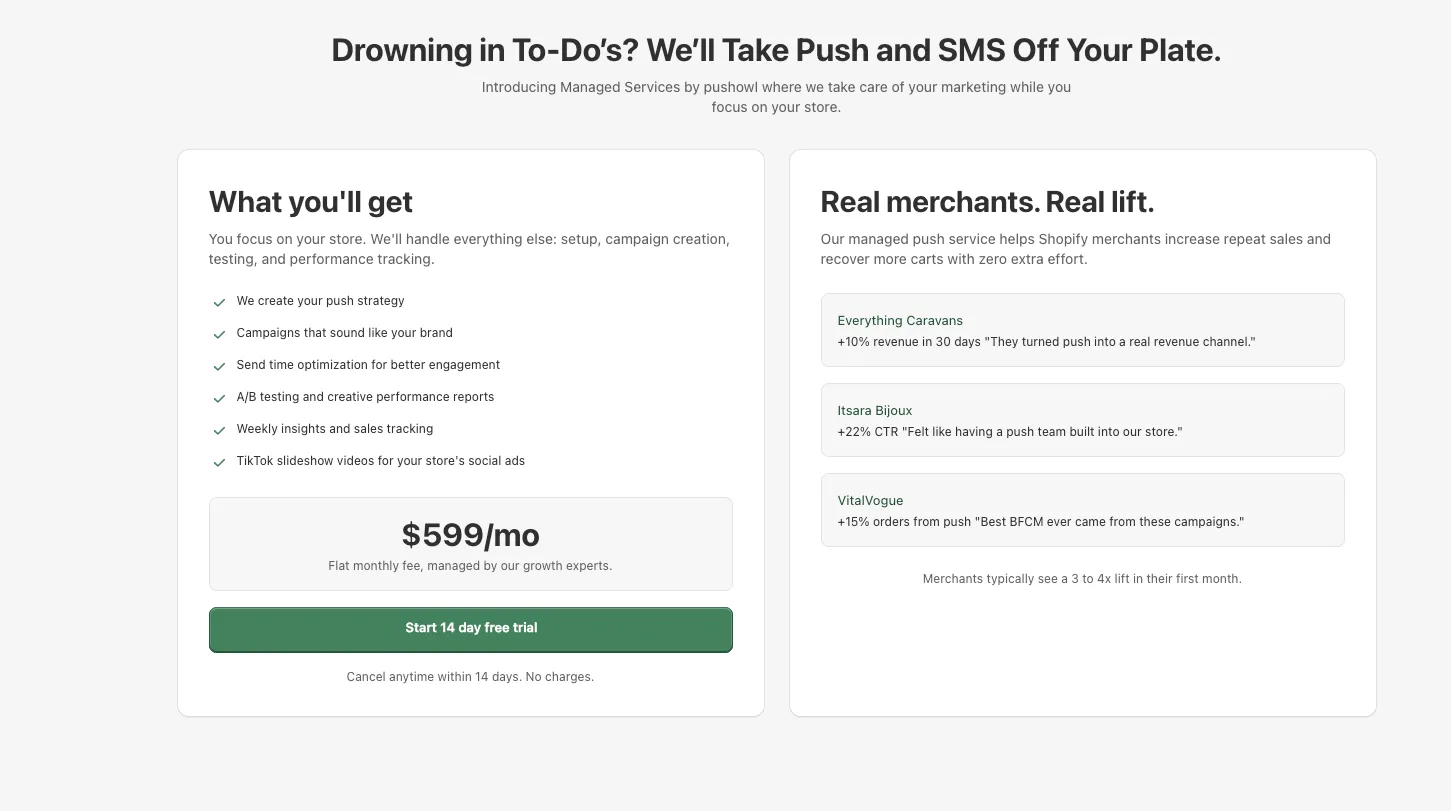 Earlier managed-service page with a feature list, monthly price, trial action, and merchant proof