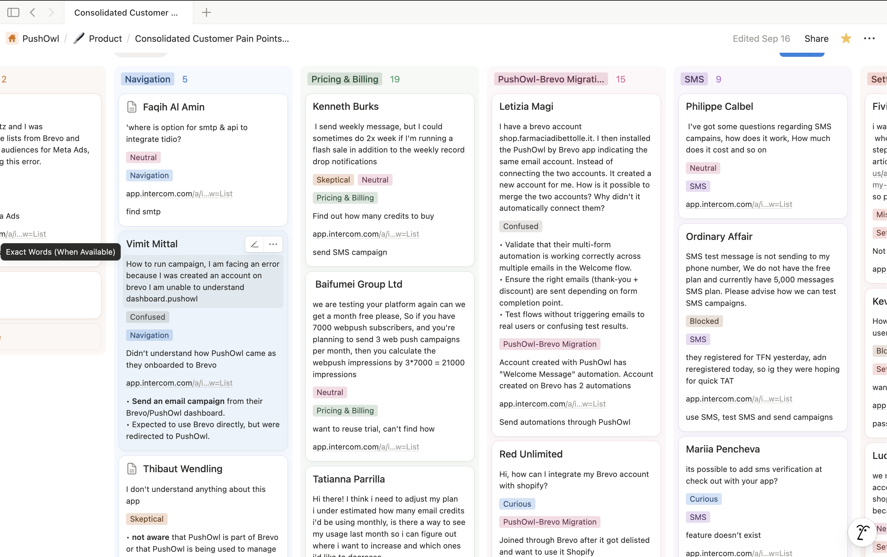 Intercom support tickets showing common user questions